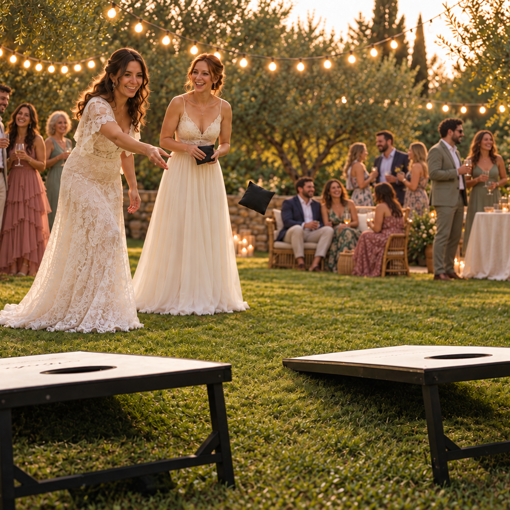Una boda para celebrar vuestro amor · Imagen de inspiración creada con IA Dos novias disfrutando del cornhole con sus invitados al atardecer. Imagen de inspiración creada con IA.