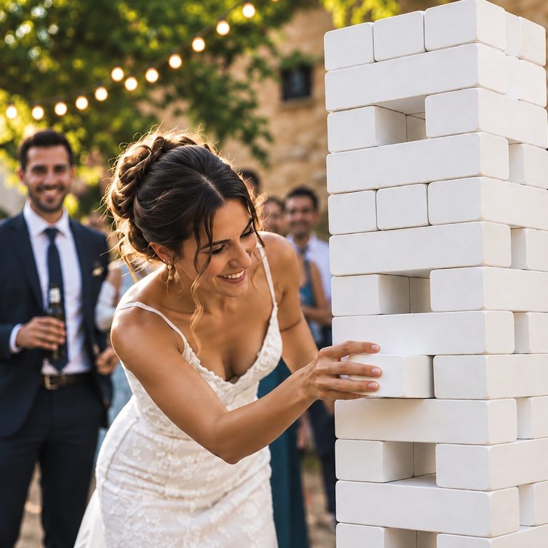 Novia jugando al Jenga gigante de Patolavida